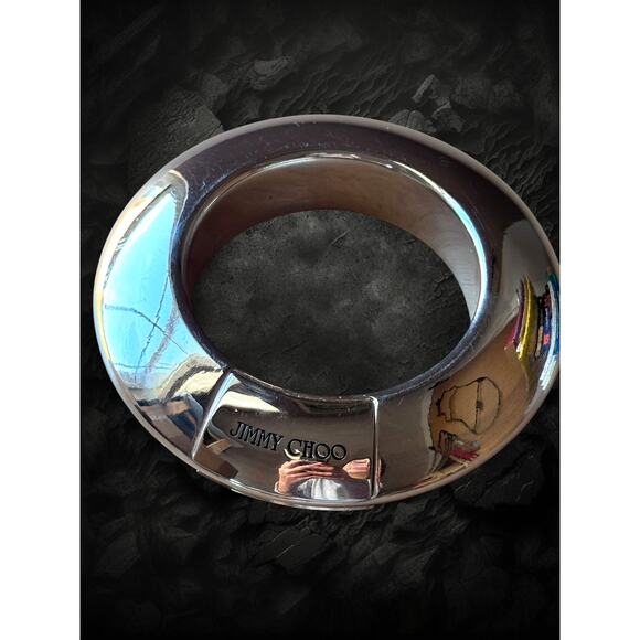 Jimmy Choo Silver-Tone Chunky Logo Bangle Bracelet 2.75” Inner Diameter - Picture 3 of 5